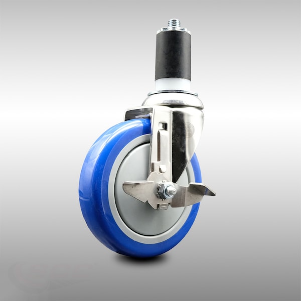 Service Caster 5 Inch 316SS Blue Polyurethane Swivel 1-1/2 Inch Expanding Stem Caster Brake SCC-SS316EX20S514-PPUB-BLUE-TLB-112 - main